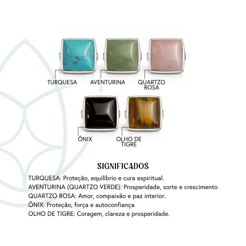 Anel de Prata Regulável Quadrado Pedra Natural