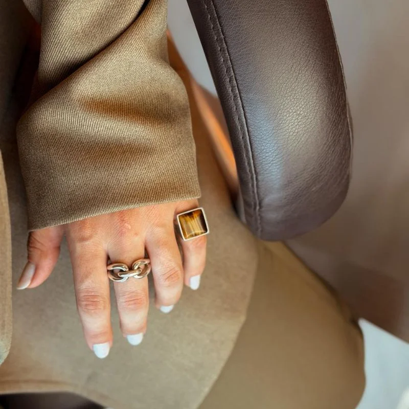 Anel de Prata Regulável Quadrado Pedra Natural