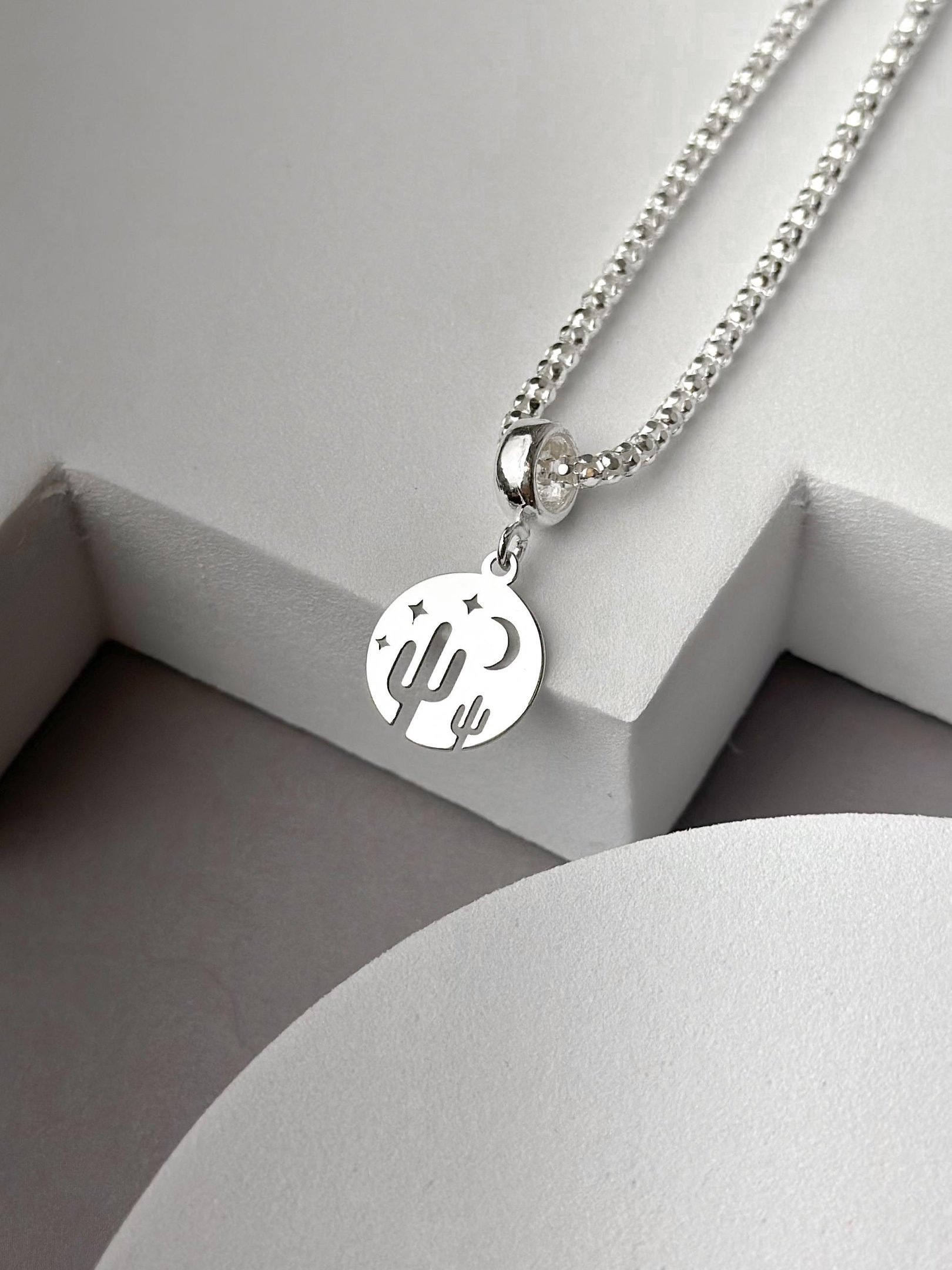 Berloque de Prata Medalha Noite Cactos Vazado