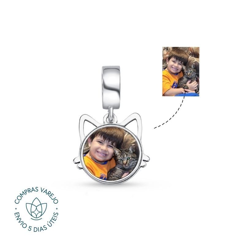 Berloque de Prata Personalizável Foto Colorida Gato