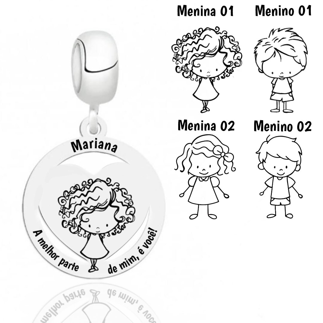 Berloque de Prata Personalizável Medalha Coração Menina e Menino