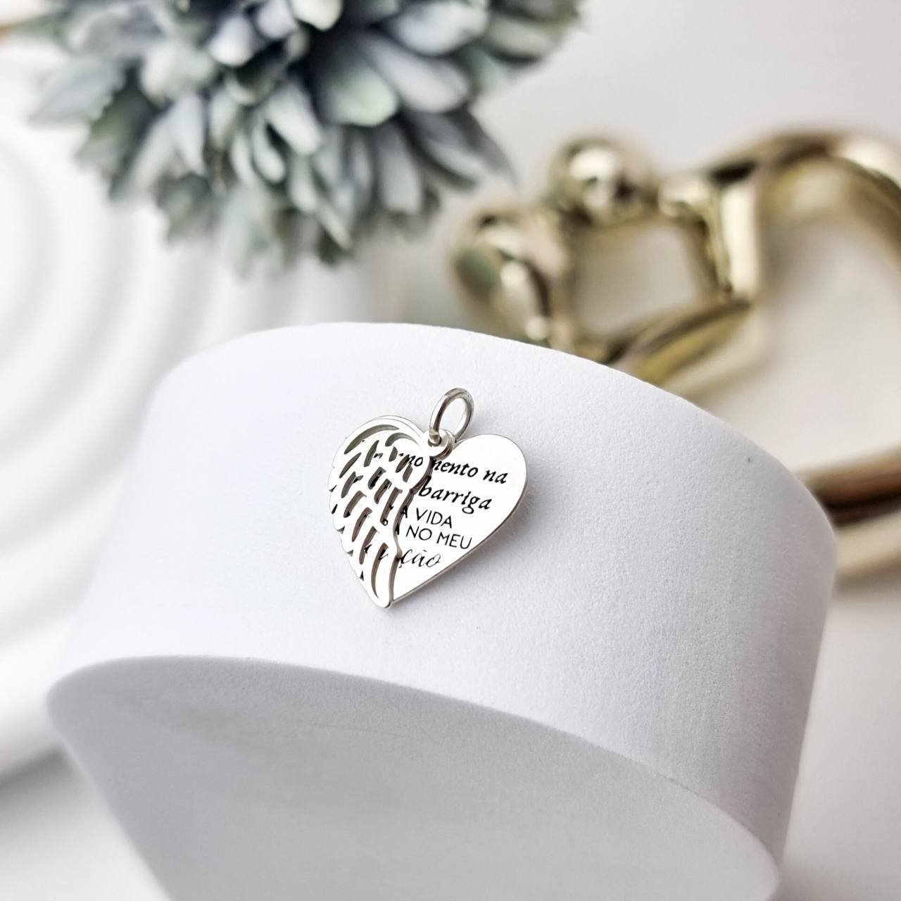 Pingente de Prata Coração Anjo Duplo