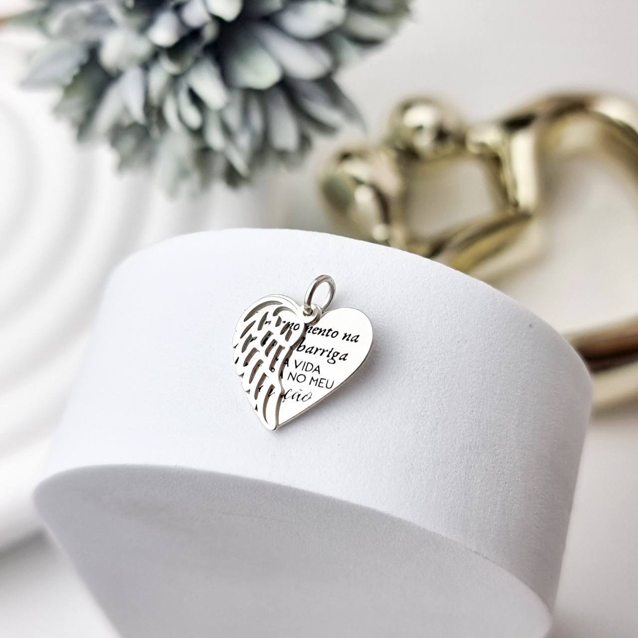 Pingente de Prata Coração Anjo Duplo