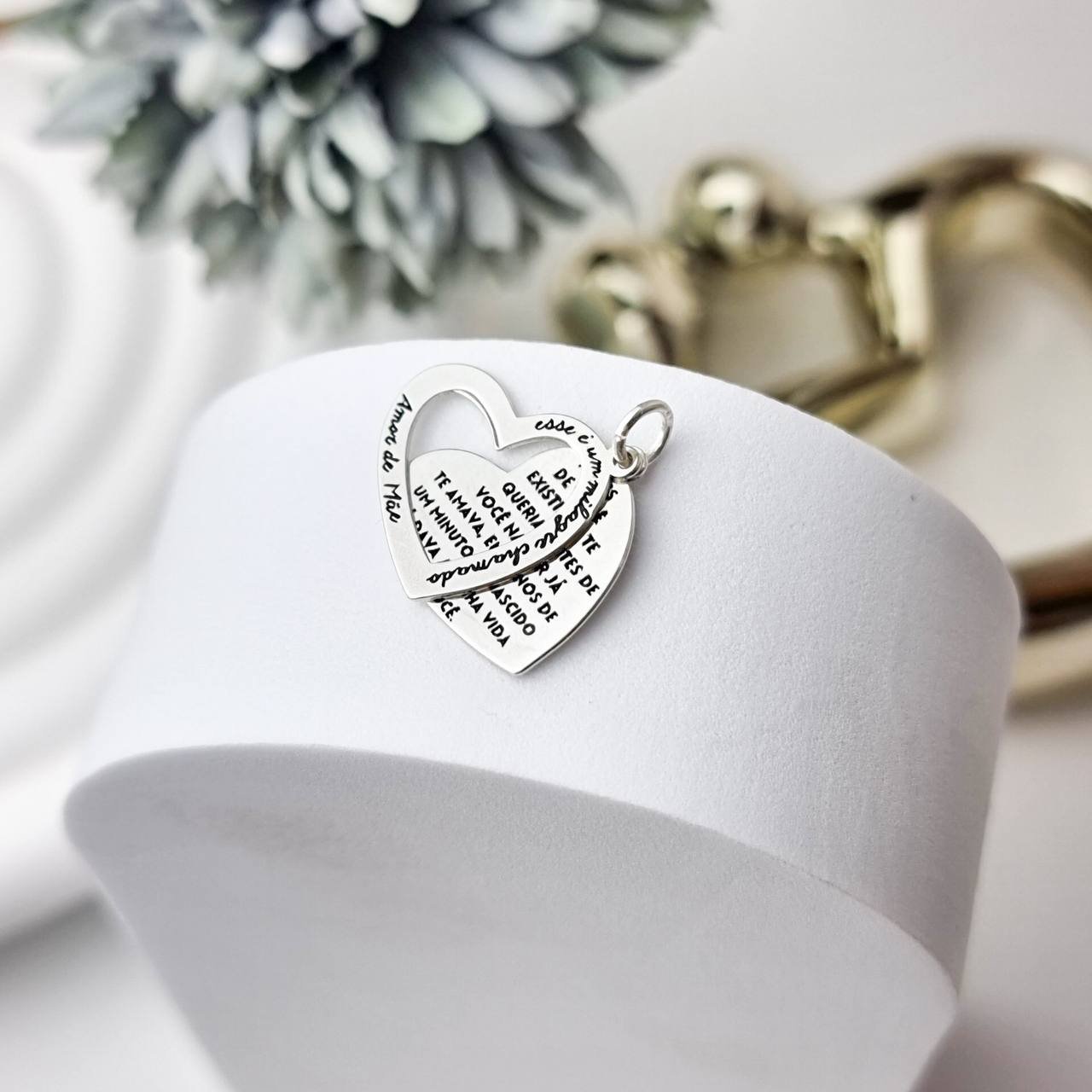 Pingente de Prata Coração Duplo Amor de Mãe