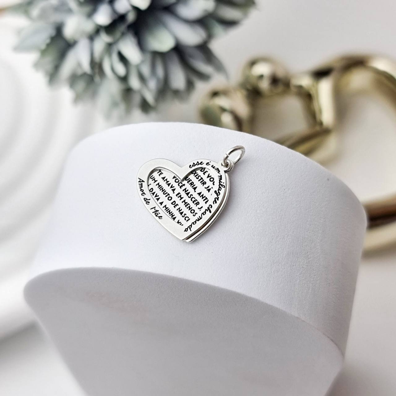 Pingente de Prata Coração Duplo Amor de Mãe