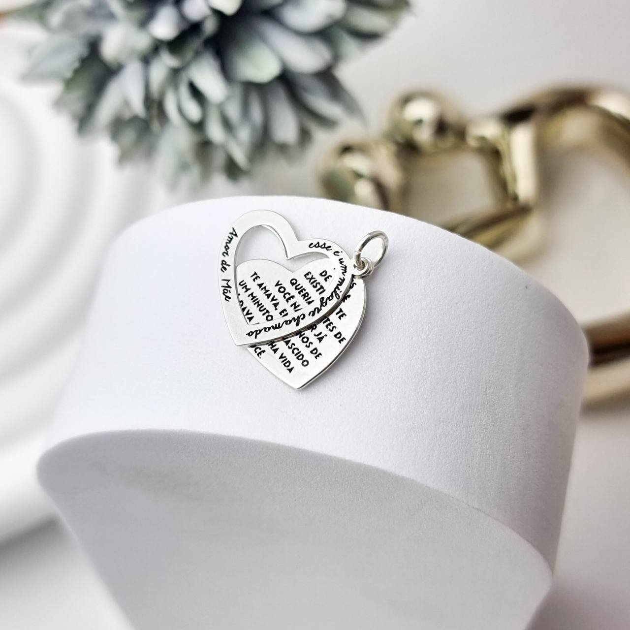 Pingente de Prata Coração Duplo Amor de Mãe