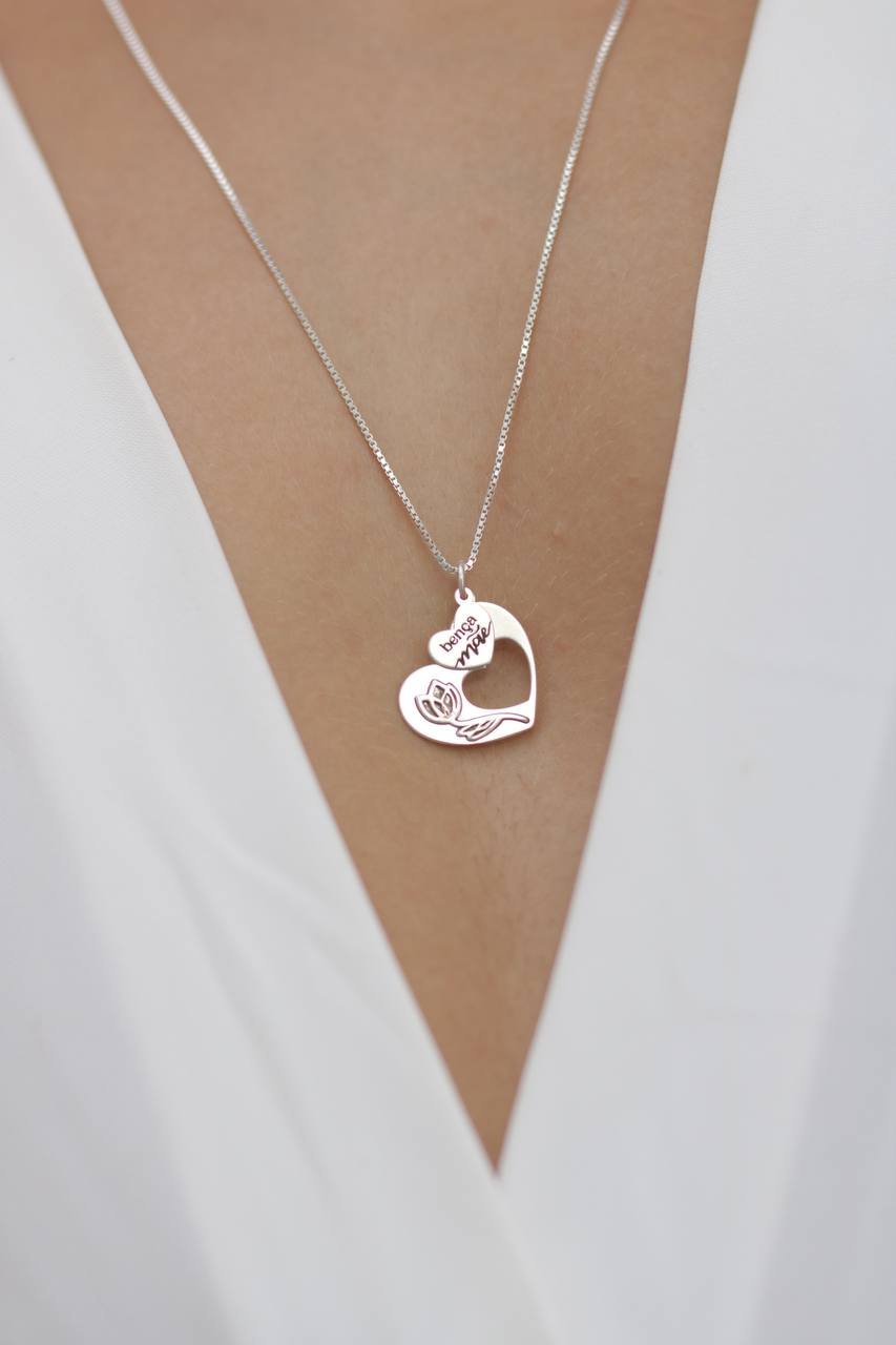 Pingente de Prata Patuá Bença Coração Rosa