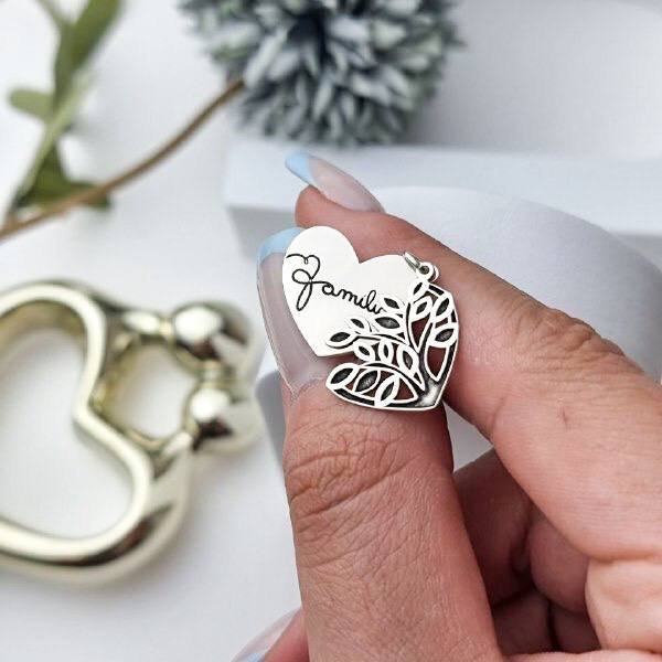 Pingente de Prata Patuá Coração Família Árvore da Vida