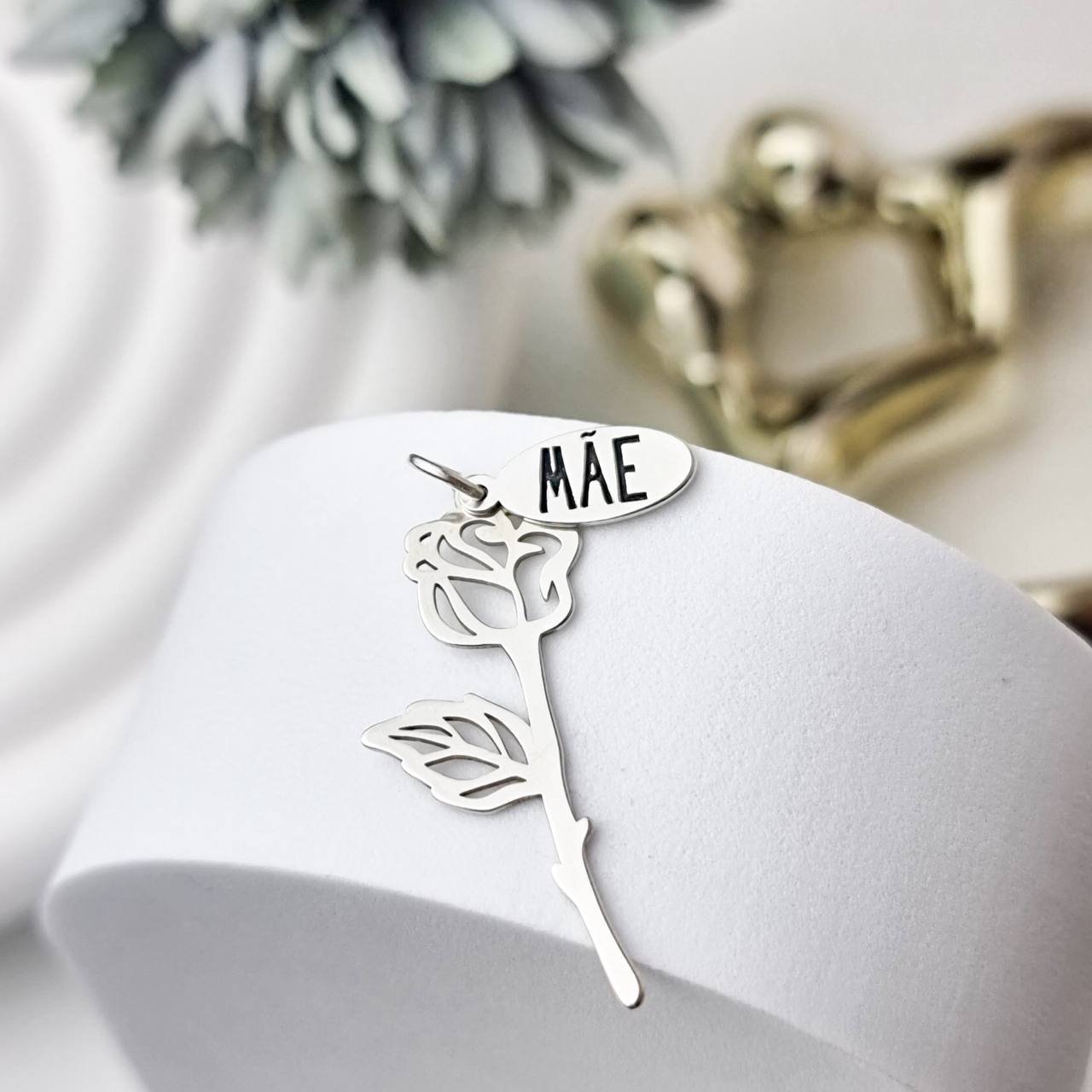 Pingente de Prata Patuá Rosa Caule Mãe