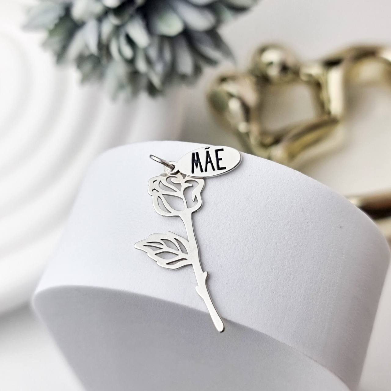 Pingente de Prata Patuá Rosa Caule Mãe