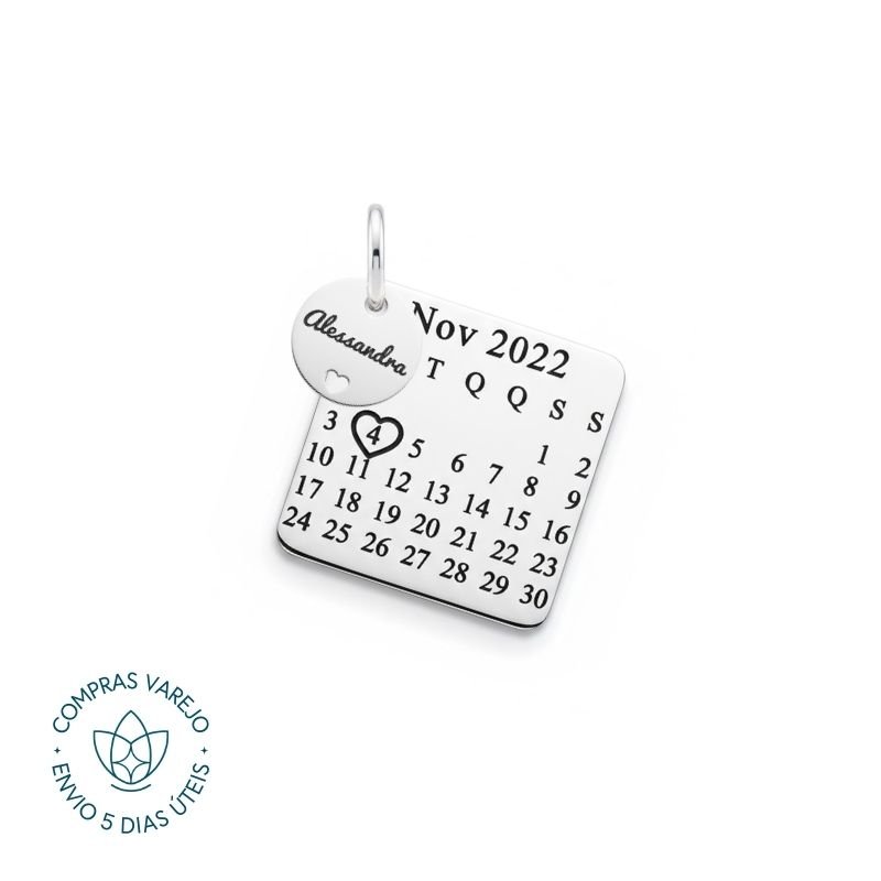 Pingente de Prata Personalizável Calendário e Medalha Coração Vazado