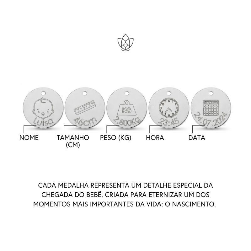 Pingente de Prata Personalizável Medalhas Dados do Bebê
