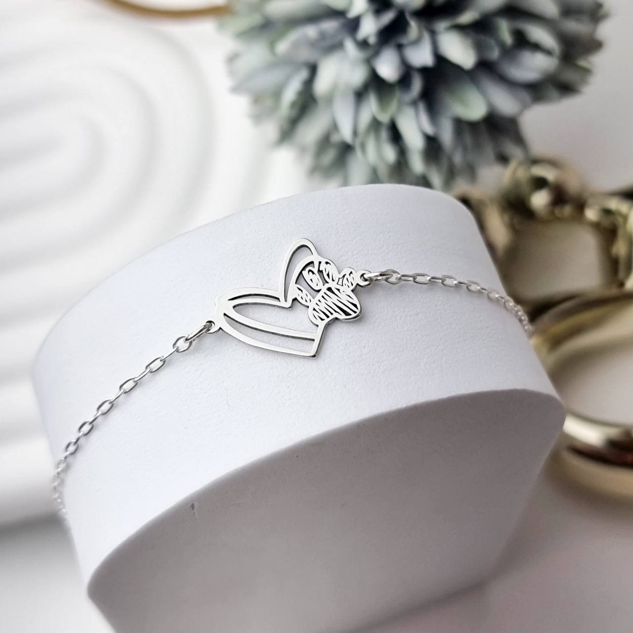 Pulseira de Prata Coração Riscado e Patinha com Rebaixo