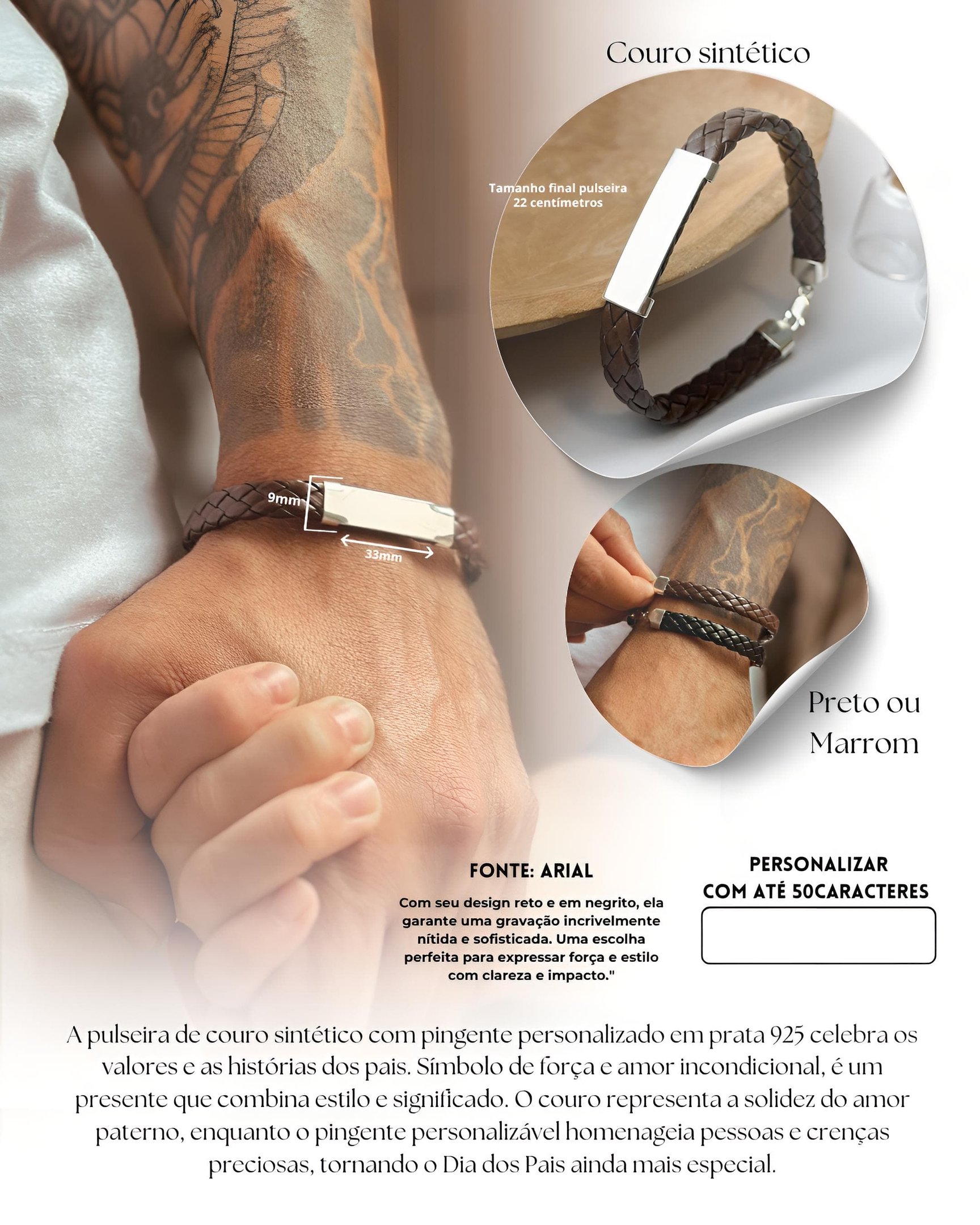 Pulseira de Prata Personalizável Courino Chapa com Escrita