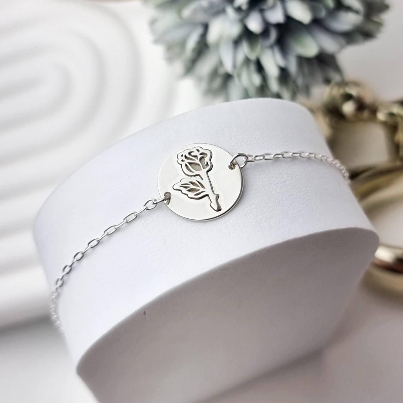 Pulseira de Prata Medalha Rosa Relevo