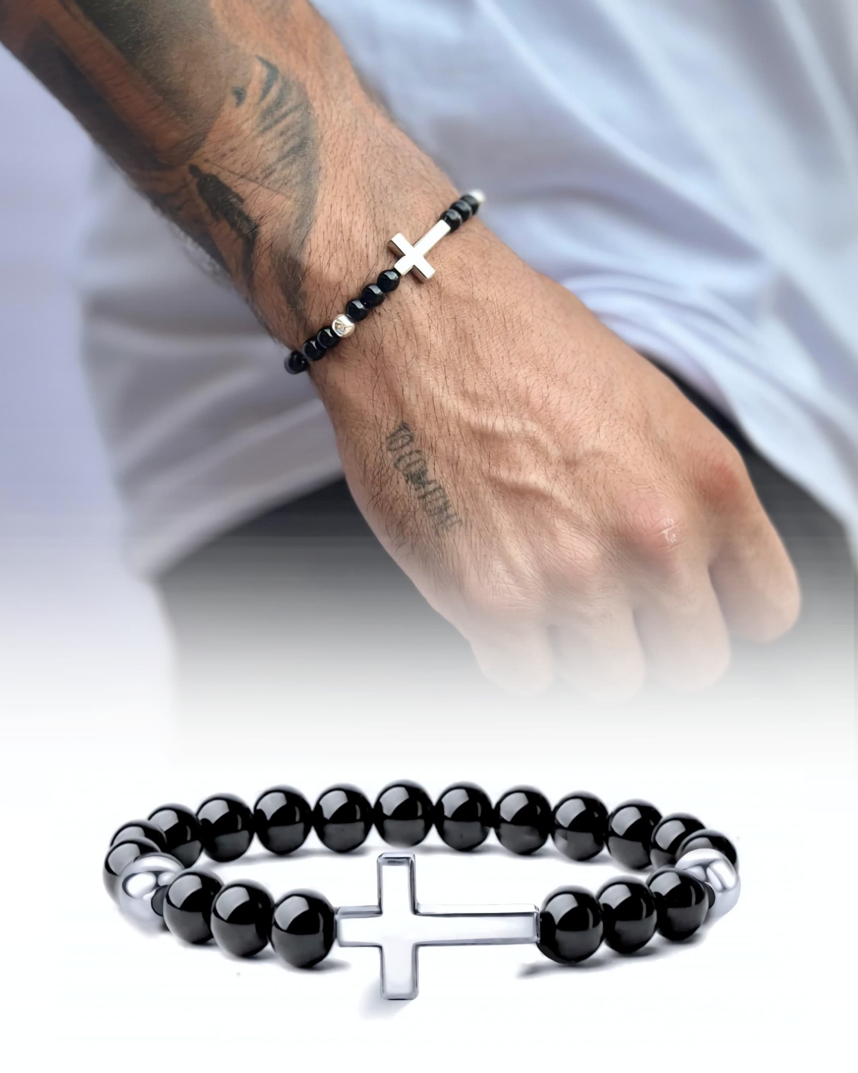 Pulseira de Prata Nylon Pedra Natural Ônix e Cruz