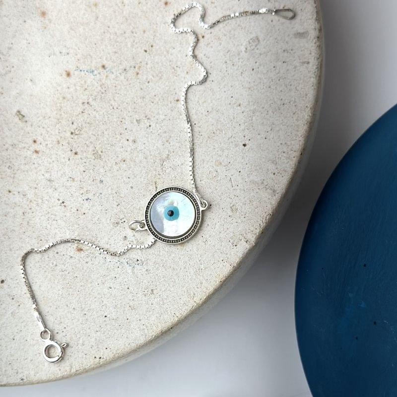 Pulseira de Prata Olho Grego Madrepérola